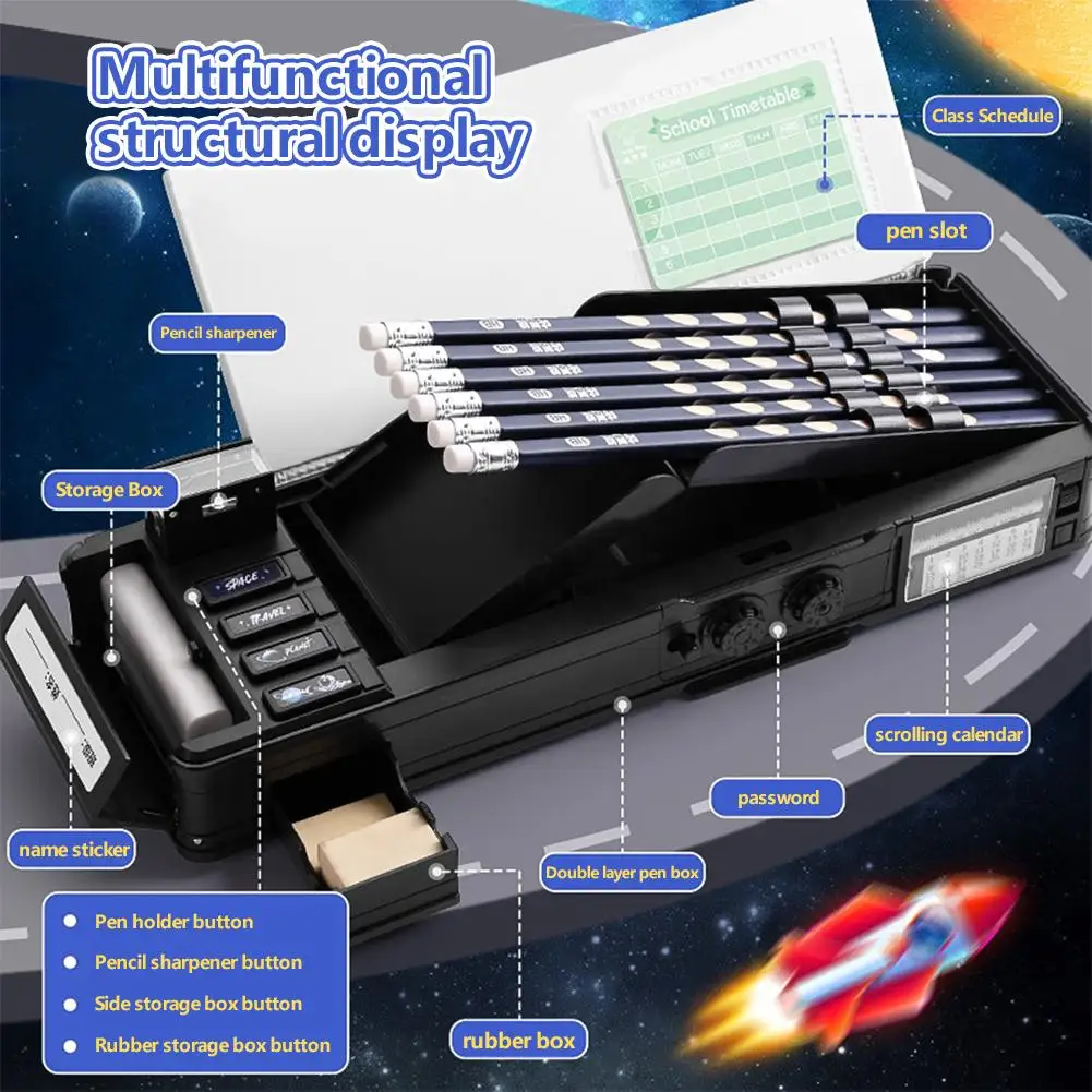 Imagem -02 - Multifuncional Senha Bloqueio Papelaria Box Double-layer Pen Box de Alta Tecnologia Lápis Box Elementary School Suprimentos Estudante