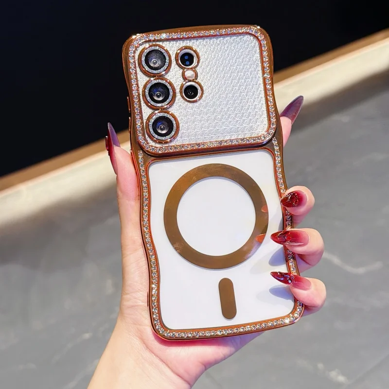 Luxury Bling Glitter Diamond Phone Case For Samsung Galaxy S25 24 S26 Ultra Plus For Magsafe Magnetic Lens Film Protection Cover