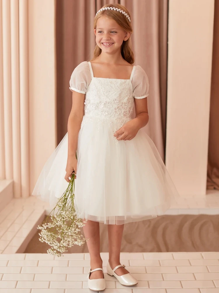 

Flower Girl Dresses White Tulle Flory Appliques With Bow Short Sleeve For Wedding Birthday Party Banquet Holy Communion Gowns