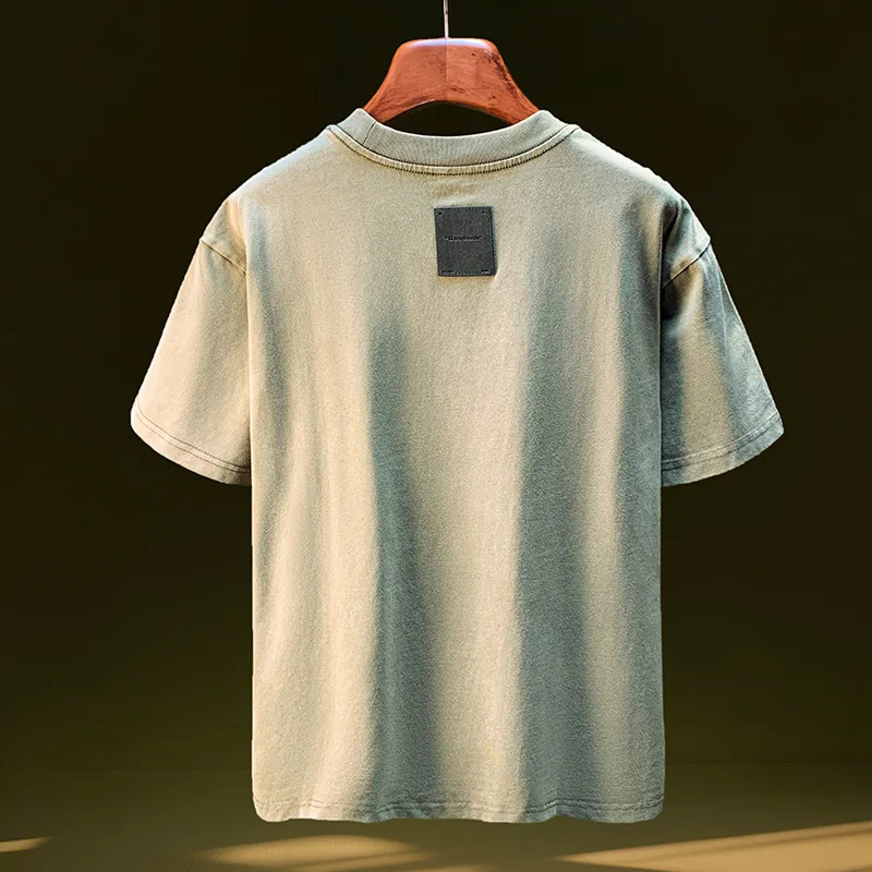

Camouflage patchwork pocket T-shirt for men's summer 2025 fashion retro high-end loose elastic casual short sleeved clothes