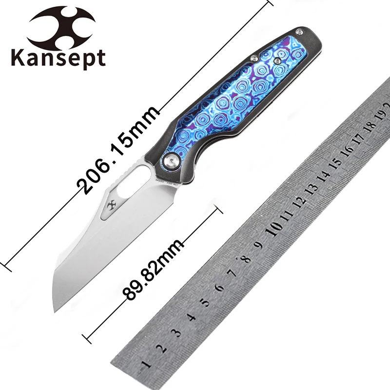 Kansept Tuckamore K1052A6 Folding Knife Stonewashed CPM 20CV + Blackwash Titanium + Timascus Handle for EDC Pocket Knife