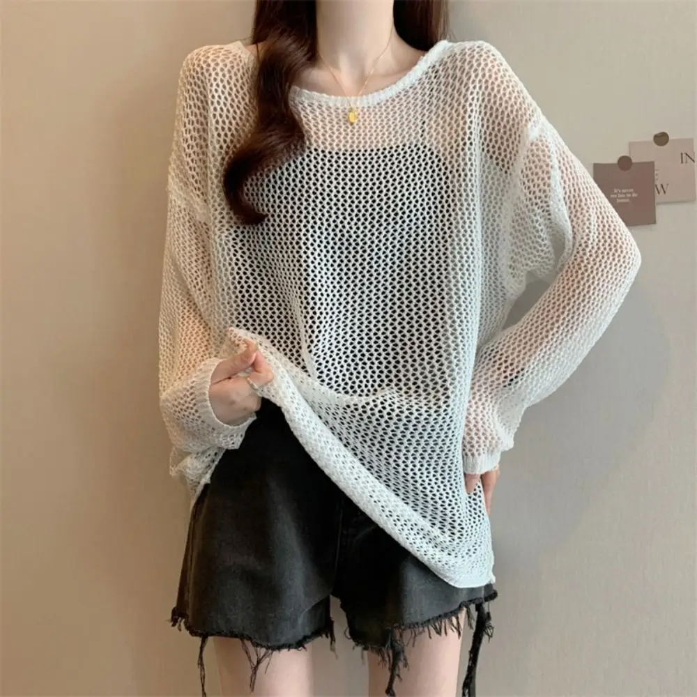 Elegante casual lavorato a maglia pullover vuoto abbigliamento da spiaggia allentato maglietta a maniche lunghe girocollo striscia top all'uncinetto donna streetwear