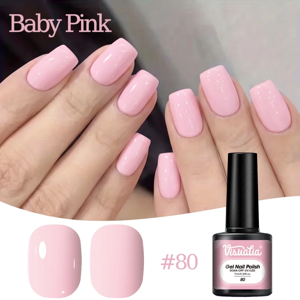 Visuatia Baby Pink Gel Polish, a gentle light pink, feels soft on the hands, compatible with UVLED nail lamps, salon-grade nail polish, removable formula, long-lasting and not easy to peel off, easy to use for beginners, suitable for various occasions to create a clean and soft nail surface.
