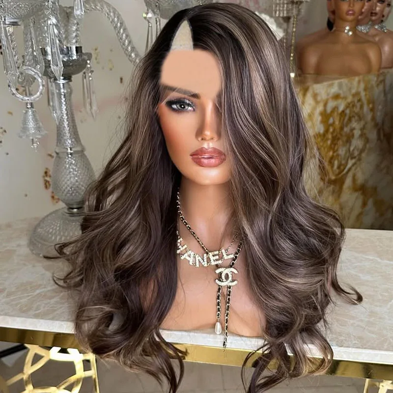 

Боковая часть волос Remy HUman Highlight Пепельно-коричневый блондинка Черные женские легко носить бесклеевые парики с зажимами Регулируемые полные концы