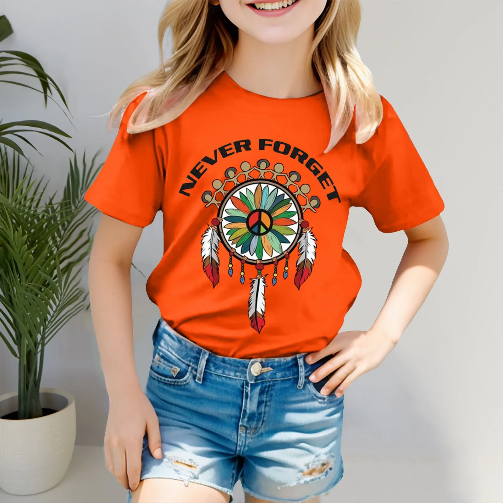 Love Heart Print Tee Orange Shirt For Kids Girls Short Sleeve Tee O-neck T Shirt Casual Fit  Comfy Shirts Non Sweat Undershirt