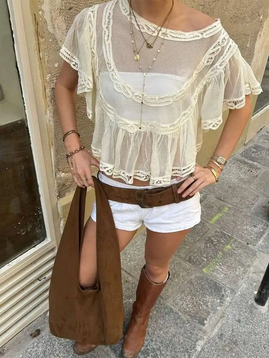 

Women Sheer Wide Neck Ruffled Hem Top Beach Cover Up Street Style