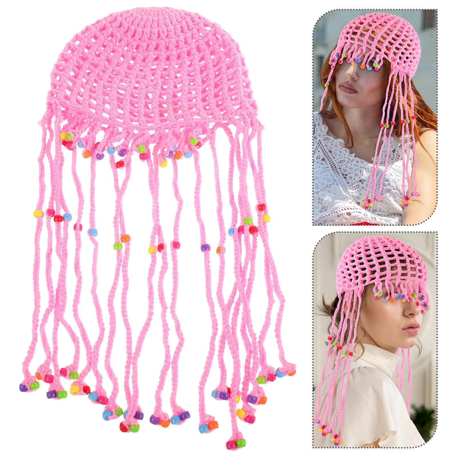 

Unique Handmade Crochet Beanie Hat for Women with Tassels Vintage Boho Style Summer Beach Outdoor Festival Breathable Knit