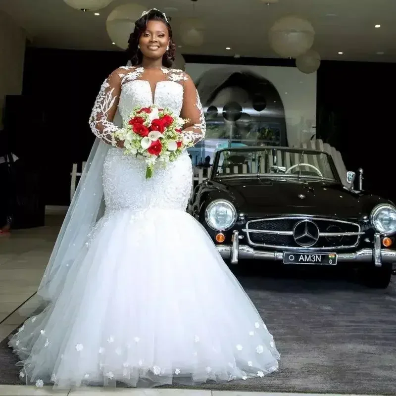 

Customized African Full Appliques Mermaid Wedding Dresses Robe De Mariee Long Sleeves African Corset Back Country Bridal Gown