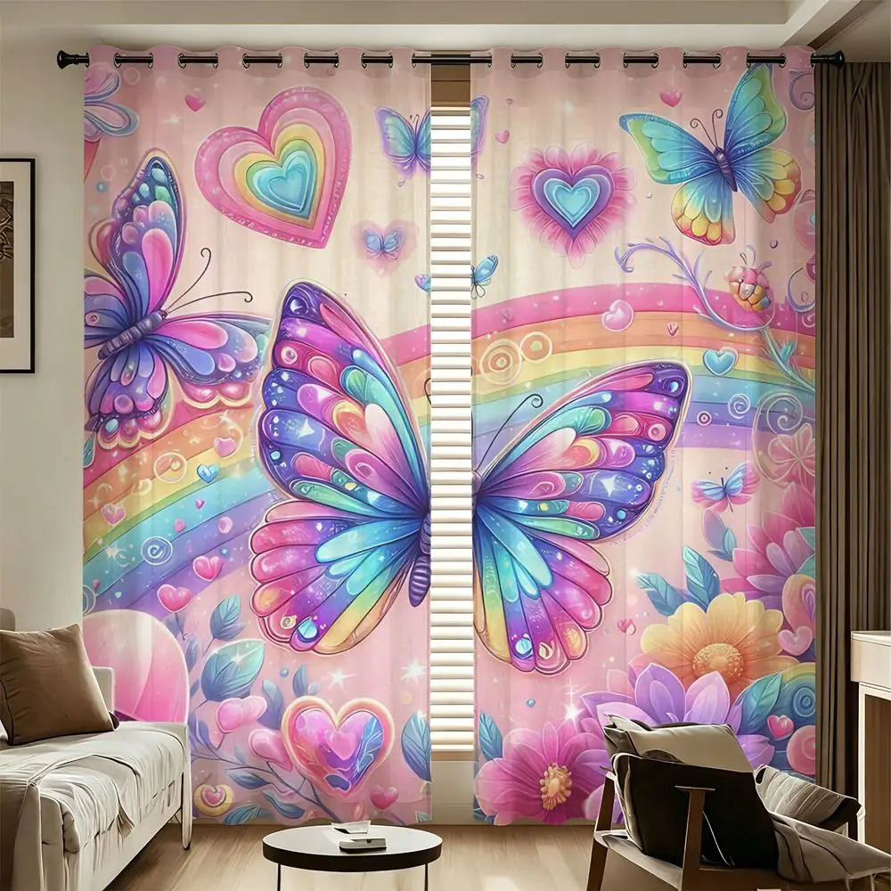 

Butterfly Printed Curtains 2 Panels Aesthetic Floral Heart Window Drapes For Bedroom Living Room Home Decor