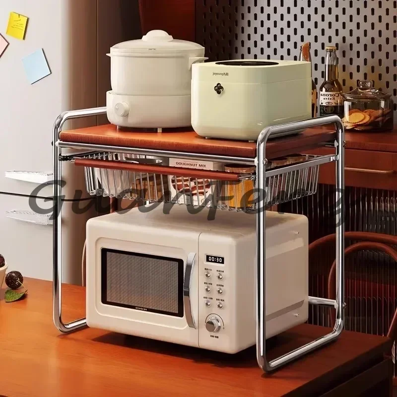 Vintage Microwave Stand Multi-Functional Kitchen Organizer Drawer-Equipped Rack for Cookware & Appliances Storage Shelf