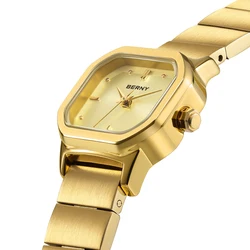 BERNY Women's Watches Gold Full Stainless Steel Square Quartz Watch for Women Simple Small Dial Ladies Dress Wristwatch