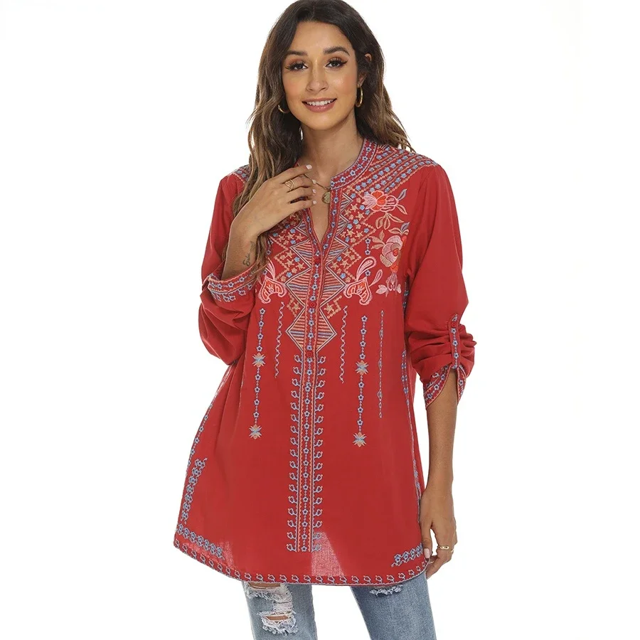 

Le Luz Floral Embroidery Long Blouses Shirt Red Boho Mexican Shirts Autumn Long Sleeve Women 2xl 3xl Ethnic Hippie Tops