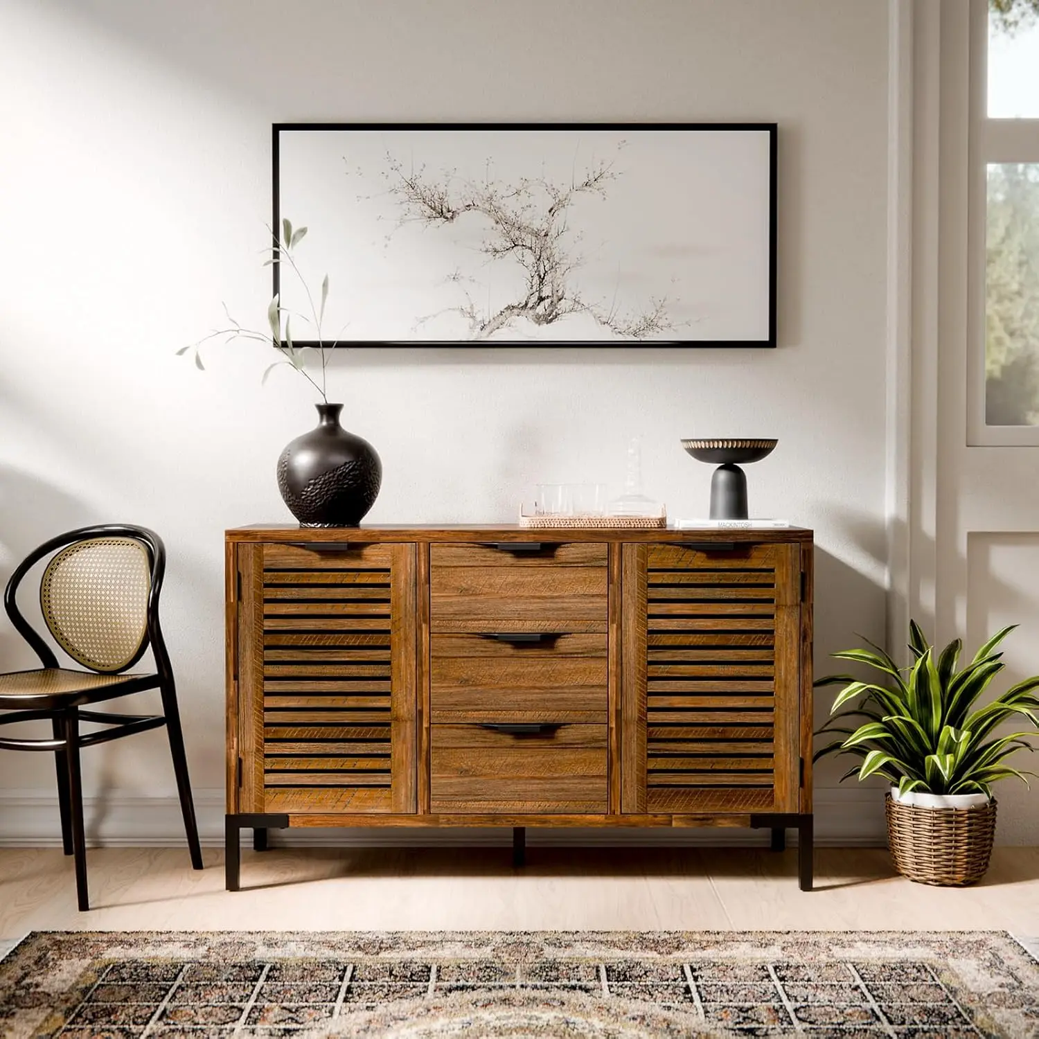 Premium Solid Wood Sideboard Storage Cabinet with Storage, Pre-Assembled with 3 Drawers & 2 Doors, Adjustable Shelves