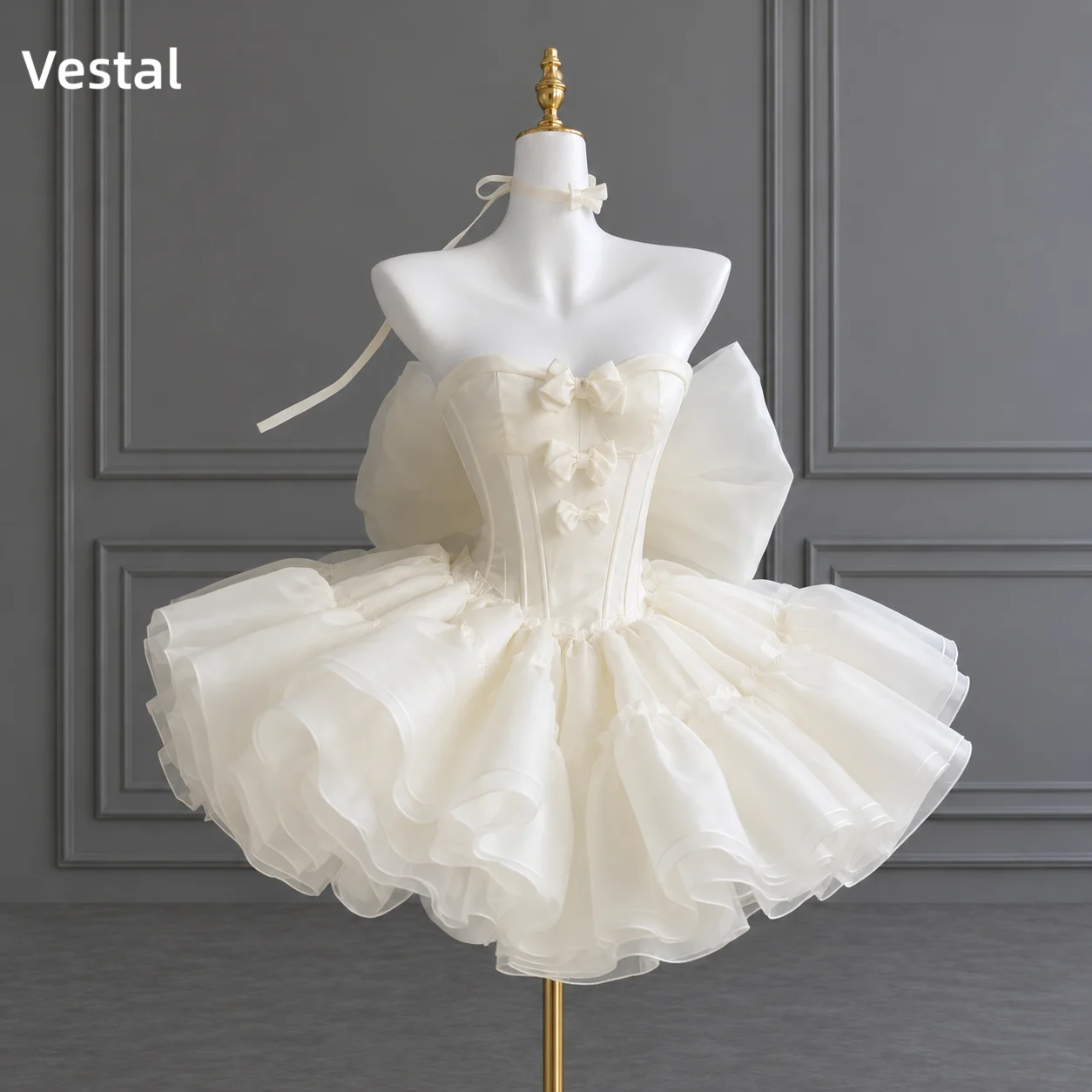

Vestal Ivory Princess Strapless Homecoming Dress Corset Bodice Tiered Tulle Mini Cocktail Dress with Bow Birthday Customized