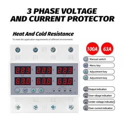 63A 100A Three Phase Voltage Current Relay Protector 220V 230V 3P Over Under Voltage Relay Current Limiter Adjustable Protect