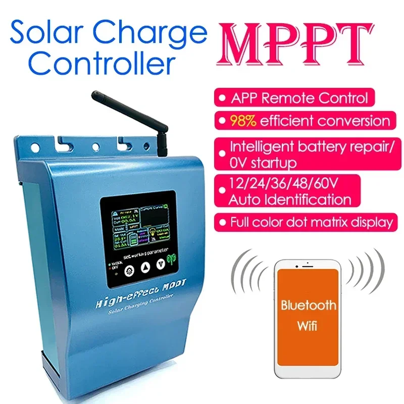 MPPT Solar Controller 12/24/36/48/60V Auto 20/40A Full Color Dot Matrix Display 0V Startup Intelligent Repair Battery Regulator