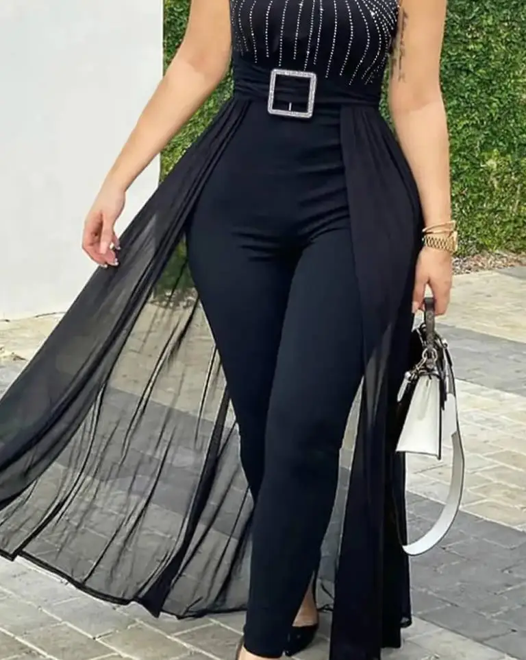 Women Jumpsuit 2024 Summer Simple Sleeveless Round Neck Rhinestone Fashion Sexy Sheer Mesh Daily Casual Commuting Jumpsuit