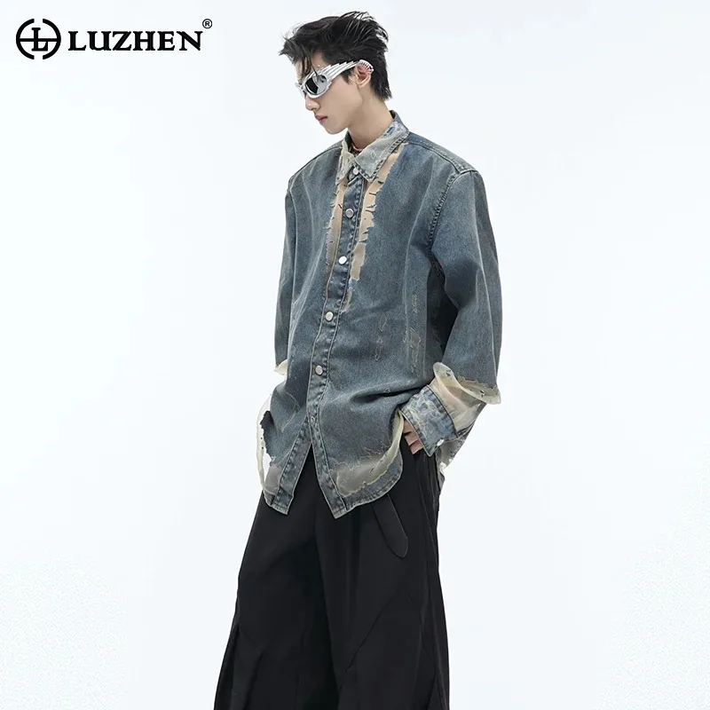 LUZHEN Trendy Translucent Splicing Design Wornout Personalized Denim Jackets Original Men's Street High Quality Clothes JY5453
