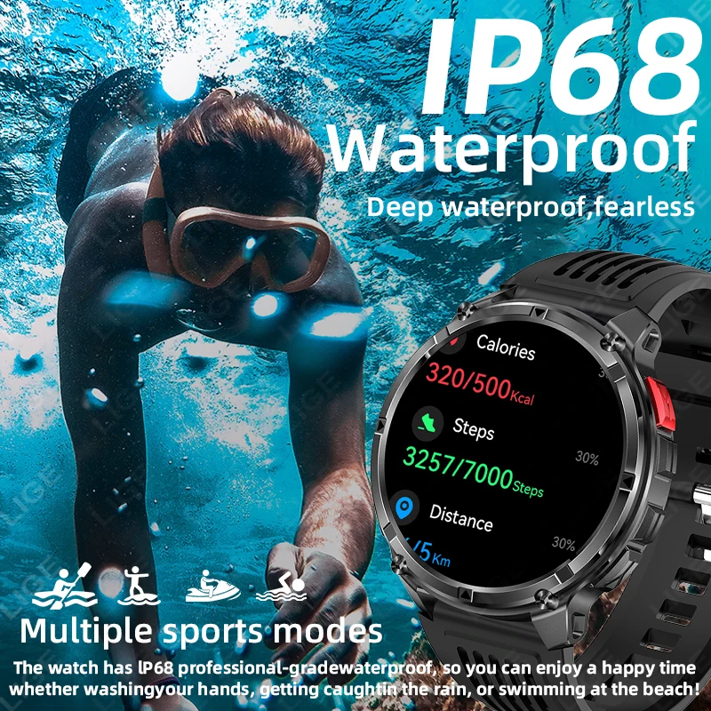 LIGE Jam Tangan Pintar Olahraga Luar Ruangan Baterai 1100mAh Pria Senter LED Kompas Detak Jantung IP68 Tahan Air Panggilan Bluetooth Smartwatch