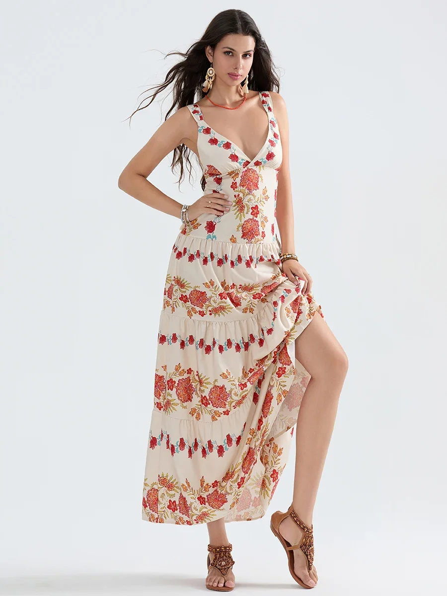 Vestido regata com estampa floral feminino, sem mangas, decote V profundo, vestido em camadas A, vestido longo e fluido, verão