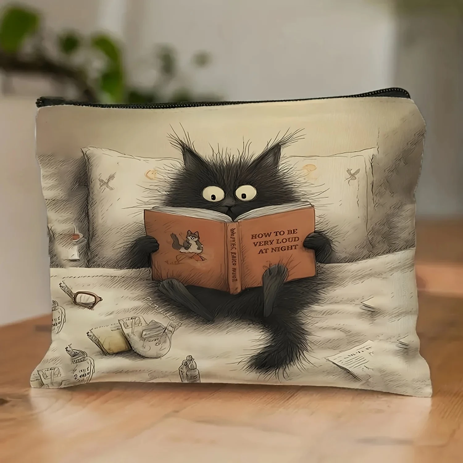 

A Charming Black Cat Reading Designed Makeup Bag - Multifunctional Zipper Pouch, Jewelry Storage Bag