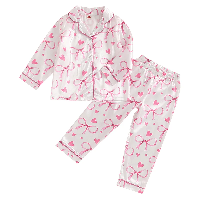 Kids Girls Pajamas Set Heart Bow Print Long Sleeves Shirt and Elastic Pants for Loungewear Sleepwear