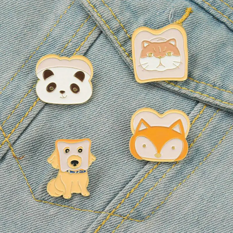 Toast Animal Enamel Pins Custom Breakfast Toast Cat Dog Fox Panda Brooch Lapel Badge Fun Cartoon Jewelry Gift for Kid Friend