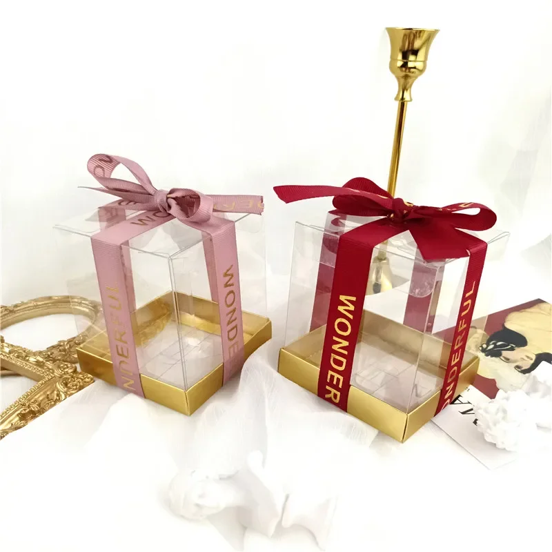 20/30/50pcs Clear PVC Gift Box with Gold Letter Thread Ribbon Transparent Candy Chocolates Boxes Wedding Souvenirs for Guests