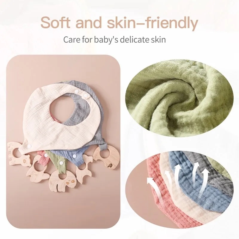 1Set Baby Cloth Bib Layer Cotton Saliva Towel with Pacifier Newborn Muslin Drooling For Babies Children Wooden Animal Teether