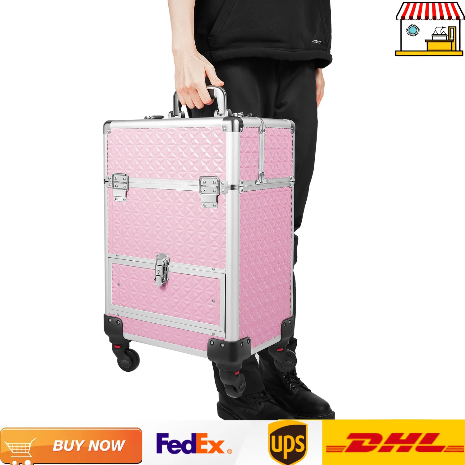 Pink Makeup Luggage Suitcase on Wheels Large Rolling Trolley Makeup Case with Telescopic Handle for Professional Makeup Artist