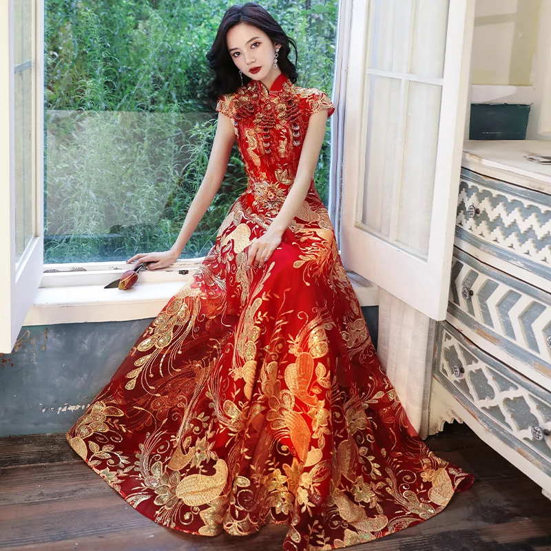

Chinese Gown Bridal Cheongsam Sequined Embroidery Chinese Style Qipao Elegant Women's Long Wine Red Wedding Party Dress