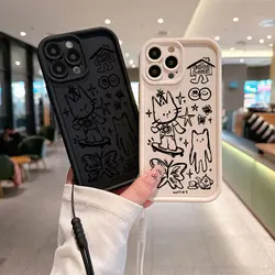 Cute Cartoon Black Sketch Cat Phone Case for IPhone 15 14 13 12 11 Pro Max Mini XR XS X 7 8 Plus Soft TPU Cover With Hand Strap