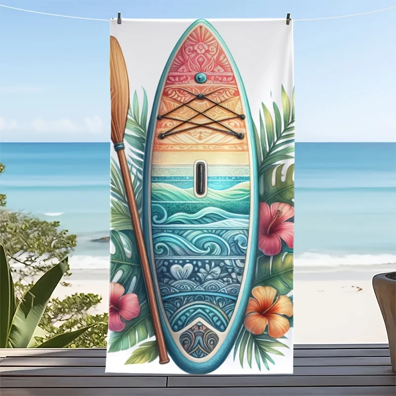 Surfboard and tropical plant design polyester microfiber beach towel is highly absorbent suitable for swimming and beach outings