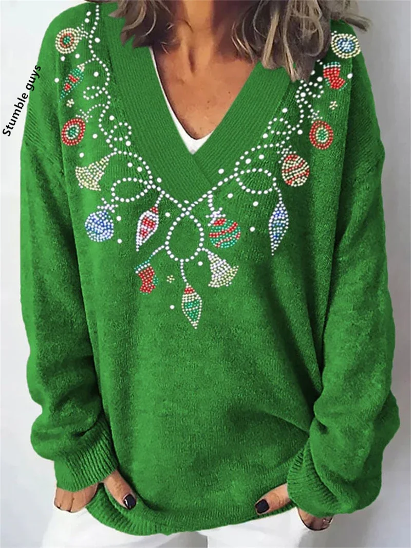 Autumn Winter Sweater Women's Casual Fashion Y2K Retro European American Soft Christmas Deer Dog Snowman Print Knit Top​