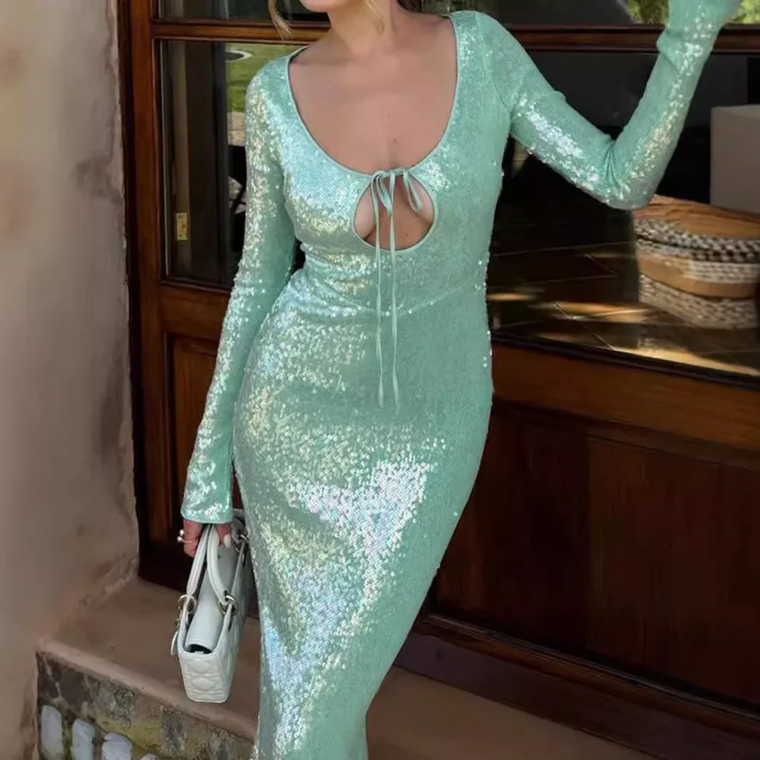 Oligai Autumn Long Sleeve Formal Occasion Dresses for Women 2024 Sequins Elegant Maxi Dress Green Wedding Guest Party Dresses