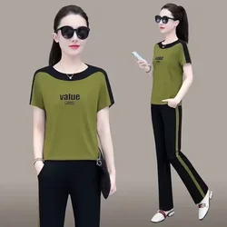 2025 Summer New Casual Fashion Plus Size Clothing Women's Spring Sports Suit Crop Top Pencil Pants 2 Two Piece Set Korean Outfit