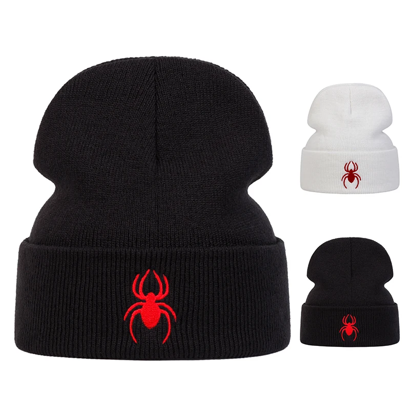 Unisex Spider Embroidery Beanies Autumn Winter Warm Knit Caps for Women Men Travel Vacation