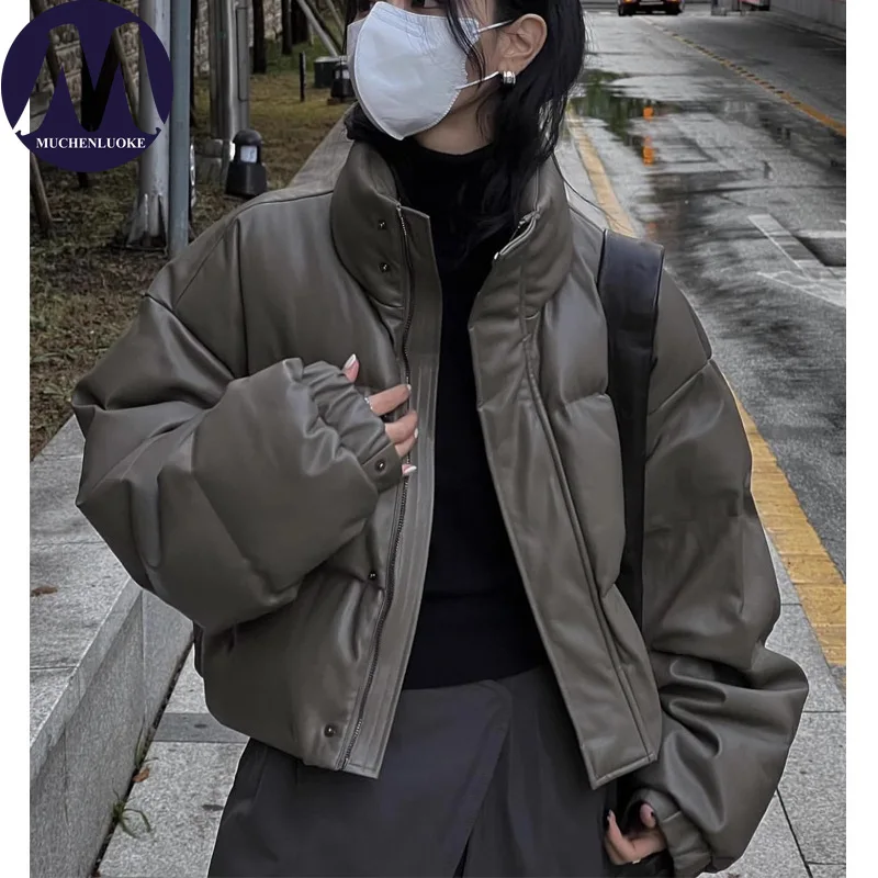 

Winter Jacket for Women New Leather Cover Long Sleeved Stand Collar Warm Coat Korean Fashion Casual Loose Thickened Short Parkas