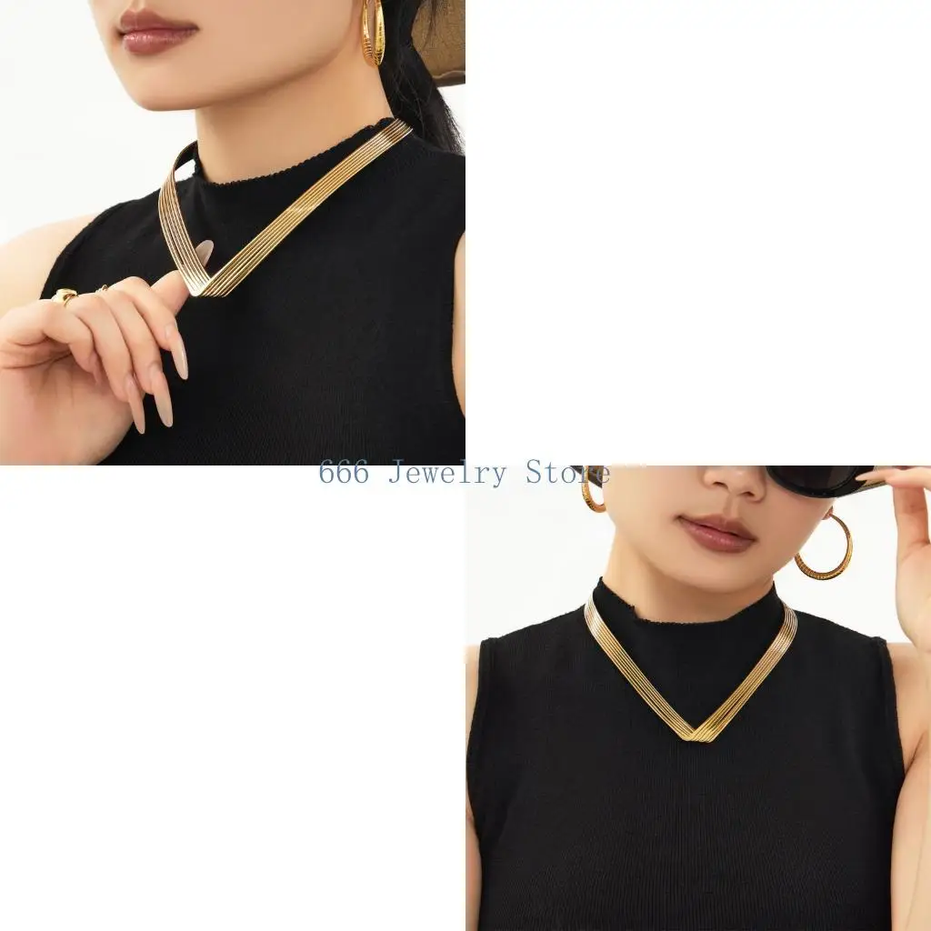 F2TD Trendy Open V Necklace Minimalists Gold Tone Jewelry For Sensitive Skin And Hot Climate Area