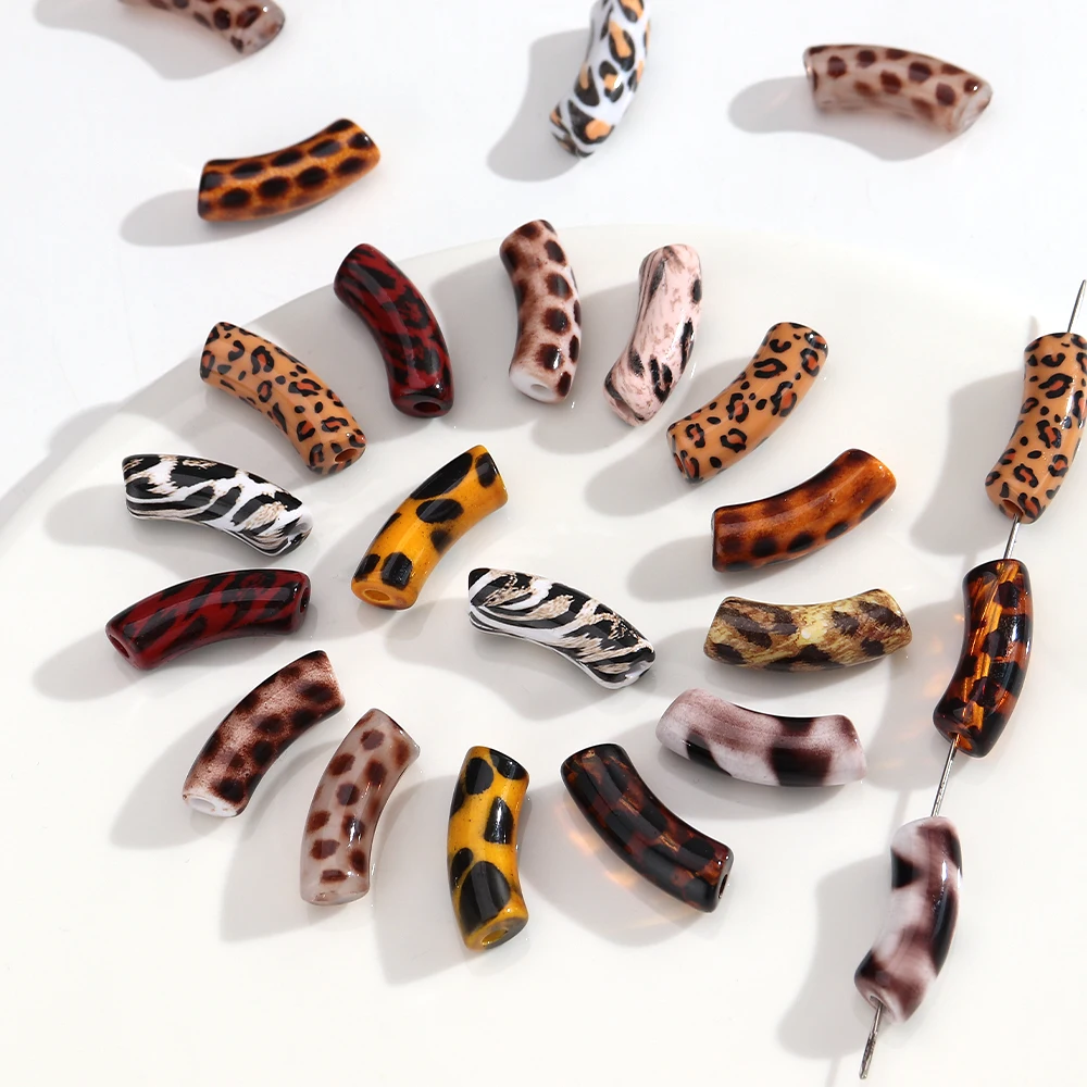 Leopard Print Curved Tube Beads 35x13mm Acrylic Animal Pattern Spacer Beads for DIY Bracelet Bangle Necklace Jewelry Making