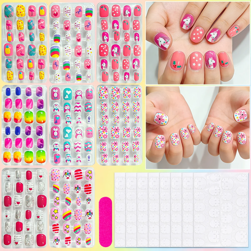 

192 шт. накладных ногтей с мультяшным дизайном животных, кавайные, с сердечками, радугой и цветами, короткие квадратные, полностью покрывающие, для девочек, накладные ногти, готовые к нанесению