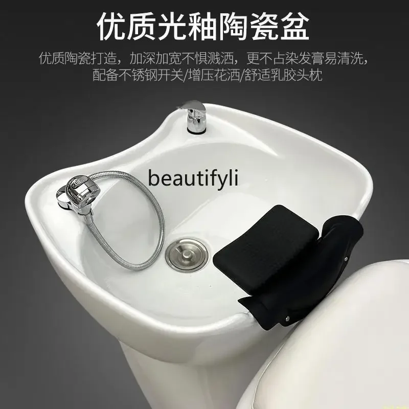 

Barber shop special semi-reclining shampoo flush bed light luxury high-end, fiberglass ceramic basin shampoo