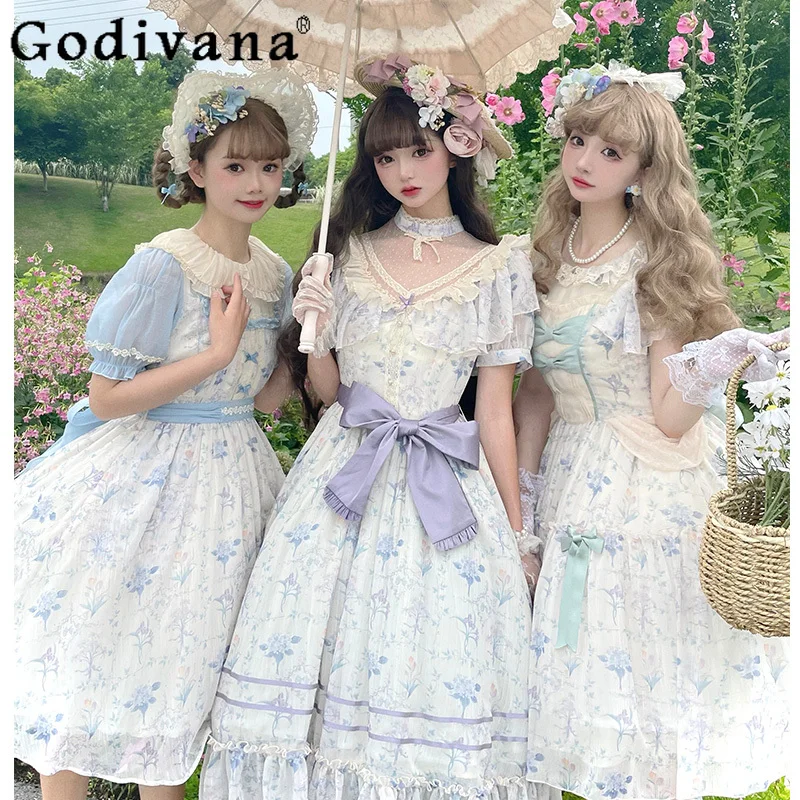 

Sweet Lolita Short Puff Sleeve Vintage Elegant Ruffles Semi-turtleneck Dress Temperament Girls High Waist A-line Print Dresses