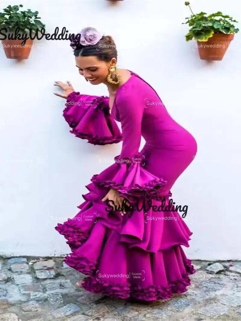 Purple Mermaid  Prom Dresses Flamenca Formal Dance Dresses Fairy Long Sleeve Mesh Spanish  Evening Dress Customized