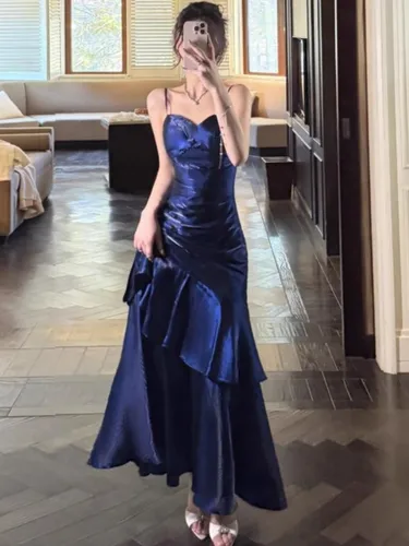 Imagen 2 del producto Vestido elegante romántico con volantes para fiesta de sirena para mujer, vestidos azules ajustados con tirantes finos, vestido Formal elegante para banquete 2025