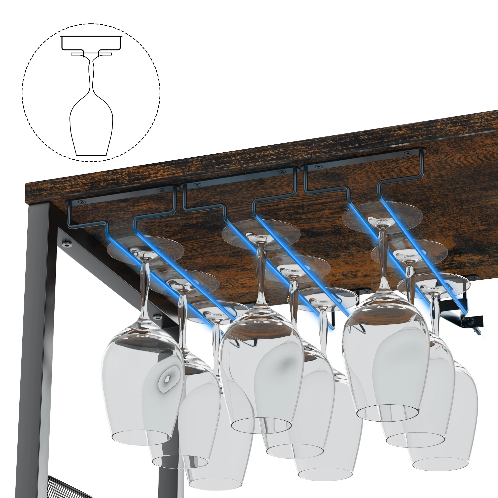 소박한 와인 바 캐비닛 36인치 폭 - 컨버터블 와인 랙 시스템 및 숨겨진 보관 서랍 |   철제 메쉬 도어 & 스템웨어 걸이