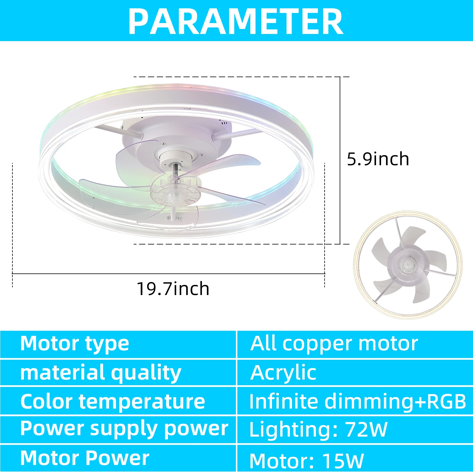 19.7 Inches Fan Light Rgb Color Lights Three Color Temperature 6-Speed Adjustable Wind Power Positive And Negative Rotation 110V