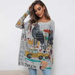 Women Cartoon Printed Sweaters Casual Loose Knitted Tops Long Sleeved O-neck Pullovers Spring Autumn Female Oversized Knitwear