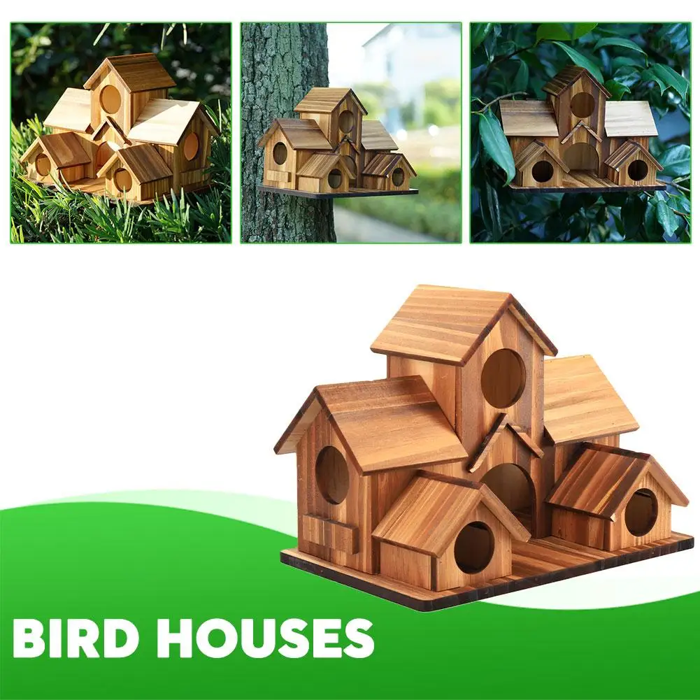 5 Hole Bird Houses Outdoor for 5 Bird Families Bluebird Finch Cardinals Natural Wood Hanging Birdhouse Garden Decoration G7X0