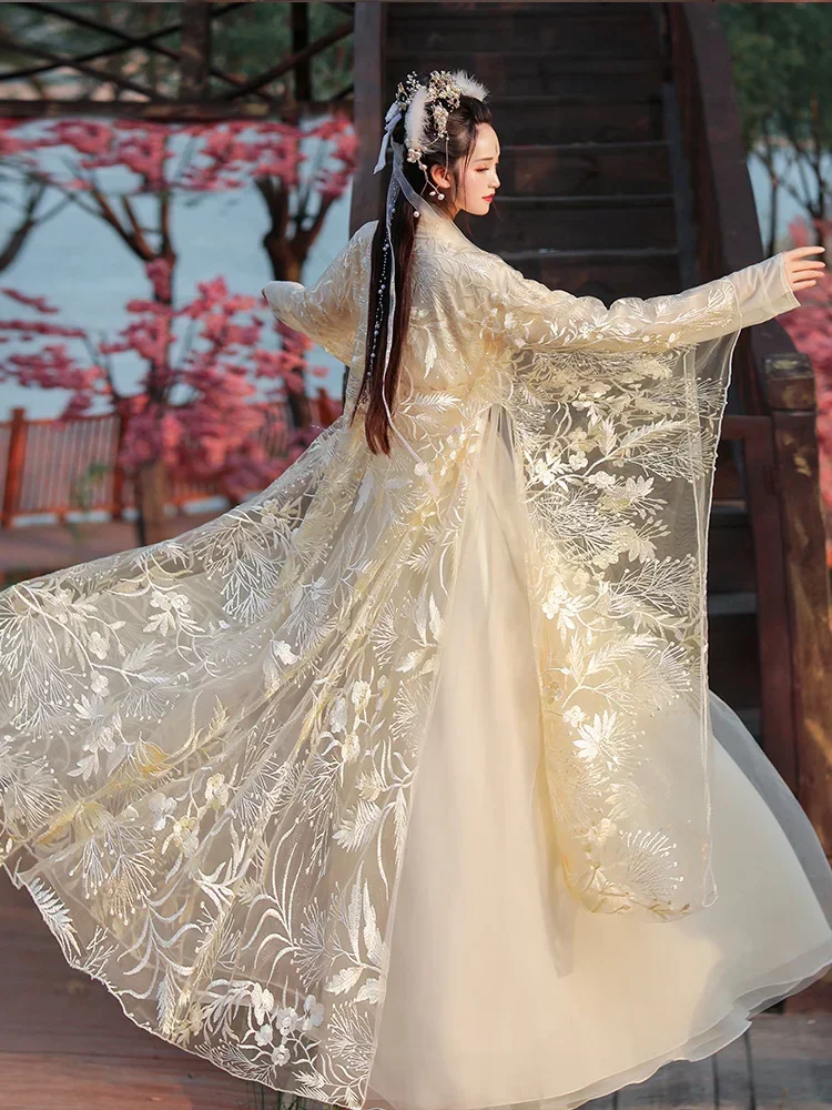 Женский костюм Hanfu с кружевной вышивкой, летнее дышащее сказочное платье в китайском стиле, национальный танец, хор, представлений, косплей